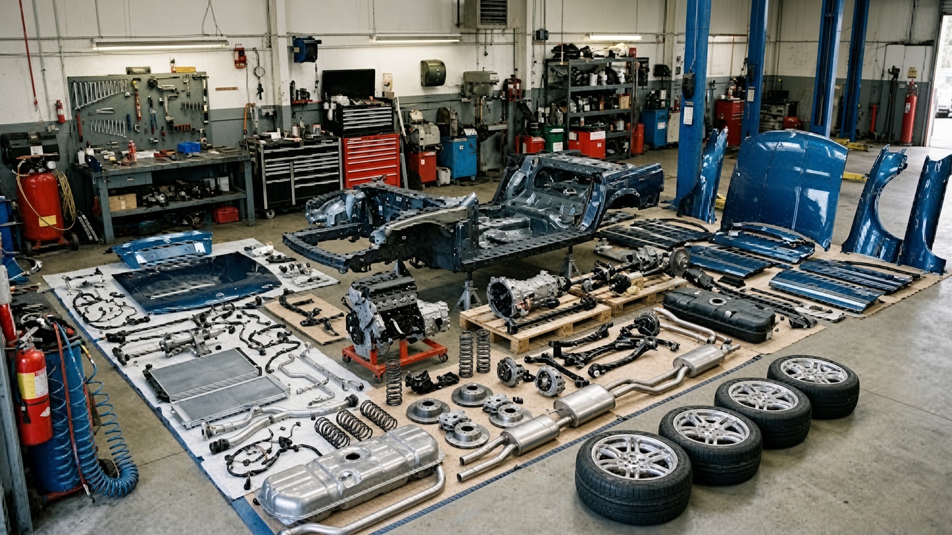 A complete car disassembled into individual parts across a workshop floor